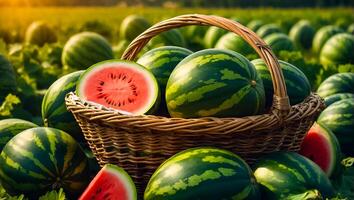 AI generated Ripe watermelons in a basket in the field photo