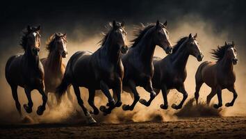 AI generated Magnificent herd of dark horses in the background photo