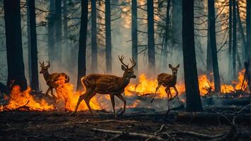 AI generated Deer forest fire, trees in smoke, flames photo