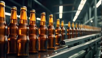 AI generated glass beer bottles on a conveyor belt photo