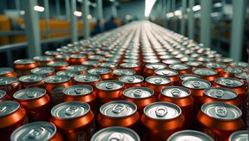 AI generated iron cans with drinks on a conveyor belt photo