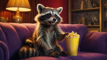 AI generated cute raccoon with popcorn at home photo
