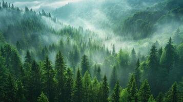 AI generated Morning valley with forest and fog view from up. Mystic pine forest in the mountains with mist above trees photo