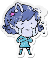 distressed sticker of a cartoon crying alien girl png