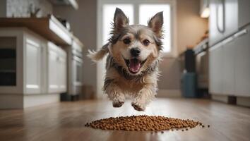 ai generado linda perro con seco comida foto