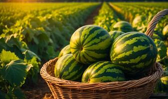 AI generated Ripe watermelons in a basket in the field photo