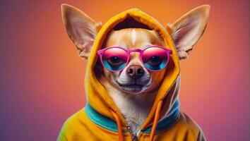 AI generated fashionable dog with sunglasses and hoodie photo