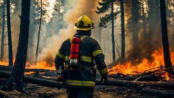 ai generado bombero bosque fuego, arboles en fumar, llamas foto