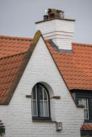 beautiful brick chimneys on the roof of an old villa photo