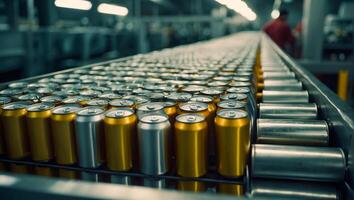 AI generated iron cans with drinks on a conveyor belt photo
