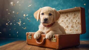 AI generated Cute dog with a suitcase in the apartment photo