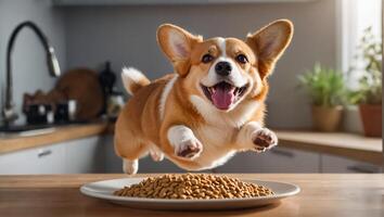 ai generado linda perro con seco comida foto