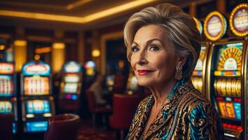 AI generated Beautiful elderly woman playing casino slot machine photo