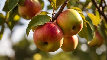 AI generated ripe red apples on a branch in the garden photo