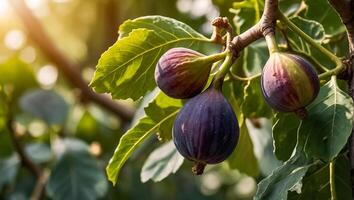 AI generated Fresh ripe figs on a branch close-up photo