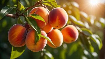 AI generated ripe peaches on a branch in the garden photo