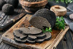 AI generated Black truffles on the cutting board. photo