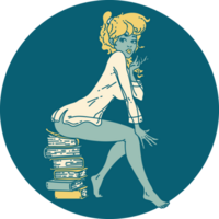 imagen icónica de estilo tatuaje de una chica pinup sentada en libros png