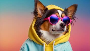 AI generated fashionable dog with sunglasses and hoodie photo