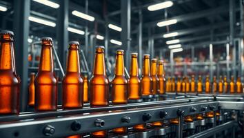 AI generated glass beer bottles on a conveyor belt photo