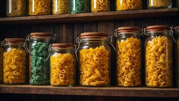 AI generated glass jars with dry assorted pasta in the kitchen photo