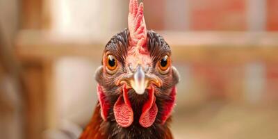 ai generado de cerca retrato de un curioso pollo en natural ligero foto