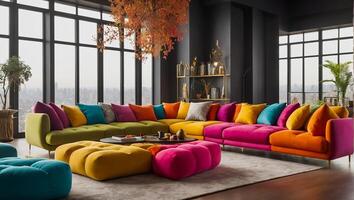 AI generated Modern living room with sofa and colored poufs photo