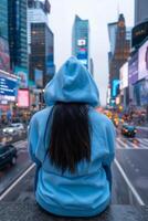 AI generated Person in blue hoodie admiring the bustling city lights photo
