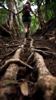 AI generated Hiker navigating roots on a forest trail adventure photo