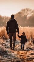 AI generated Father and child walking hand in hand in a frosty field photo