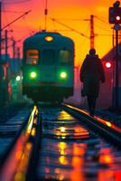 AI generated Person waiting for the train at sunset on railway tracks photo