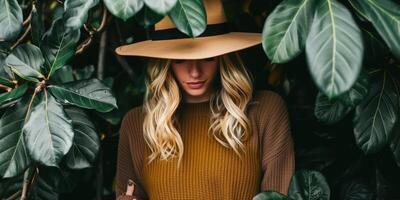 ai generado elegante mujer en sombrero ocultado por lozano verde hojas foto