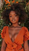 AI generated Elegant woman in orange dress with natural hairstyle photo