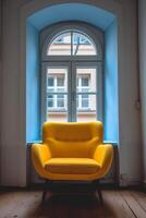 ai generado moderno amarillo Sillón en un acogedor interior con natural ligero foto