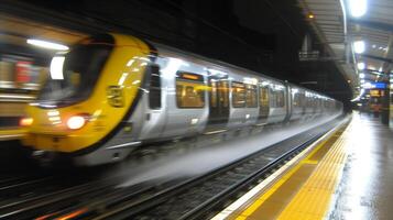 ai generado borroso tren llegando a estación durante Noche foto