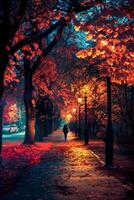 AI generated Solitary person walking through a glowing autumn park at dusk photo