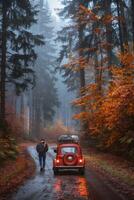 ai generado solo viajero caminando hacia un Clásico coche en otoño bosque foto