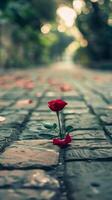 AI generated Single red rose on a cobblestone path with soft lighting photo