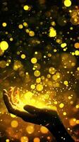 AI generated Magical golden lights floating over an open hand photo