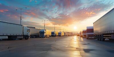 AI generated Trucks parked in line at sunset in industrial area photo