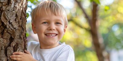 AI generated Happy young boy peeking from behind a tree outdoors photo