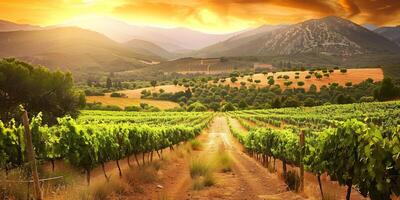 AI generated Sunset over lush vineyard with mountain backdrop in summer photo