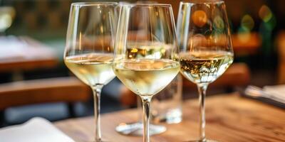 AI generated Elegant white wine glasses on a restaurant table photo