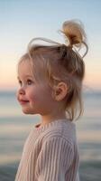 AI generated Happy little girl enjoying a serene sunset outdoors photo