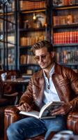 AI generated Stylish man reading a book in a cozy library setting photo