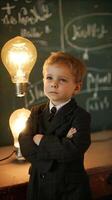 AI generated Young boy with light bulb having a creative idea in classroom photo