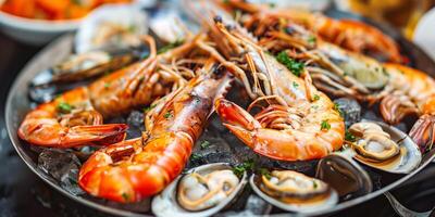 AI generated Fresh seafood platter with prawns and shellfish close-up photo