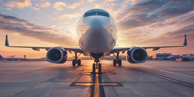 AI generated Commercial airplane on runway during a vibrant sunset photo