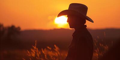 ai generado silueta vaquero a puesta de sol en pacífico campo foto