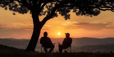 ai generado dos personas disfrutando un sereno puesta de sol debajo un árbol foto